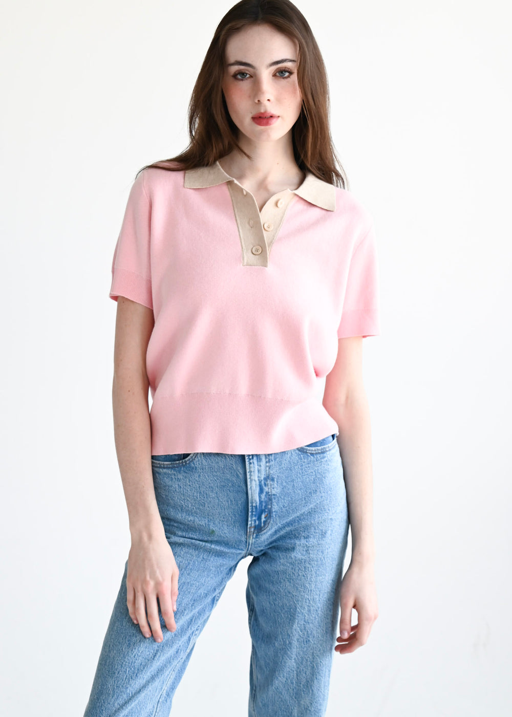 Henley Sweater Pink & Tan