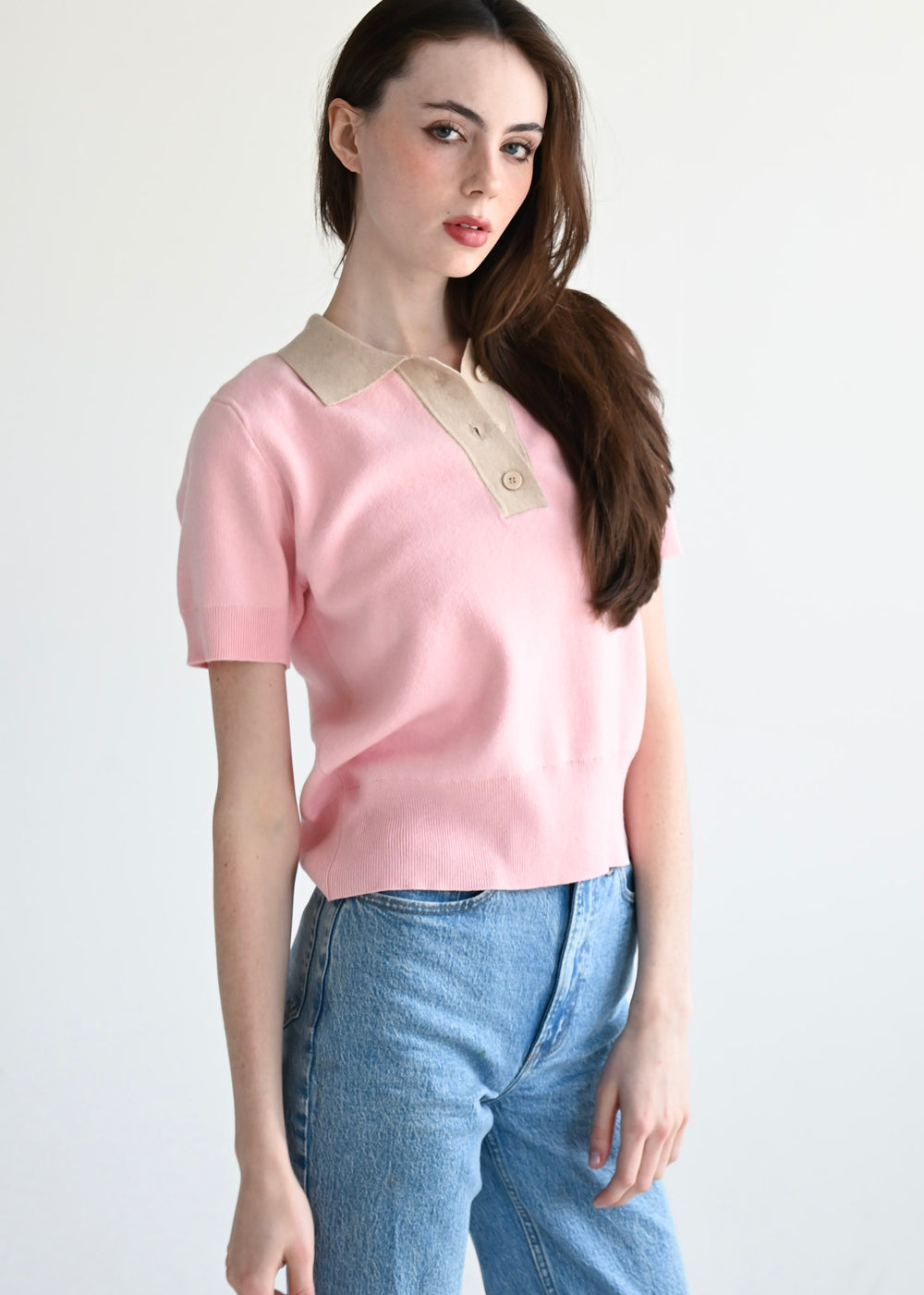 Henley Sweater Pink & Tan