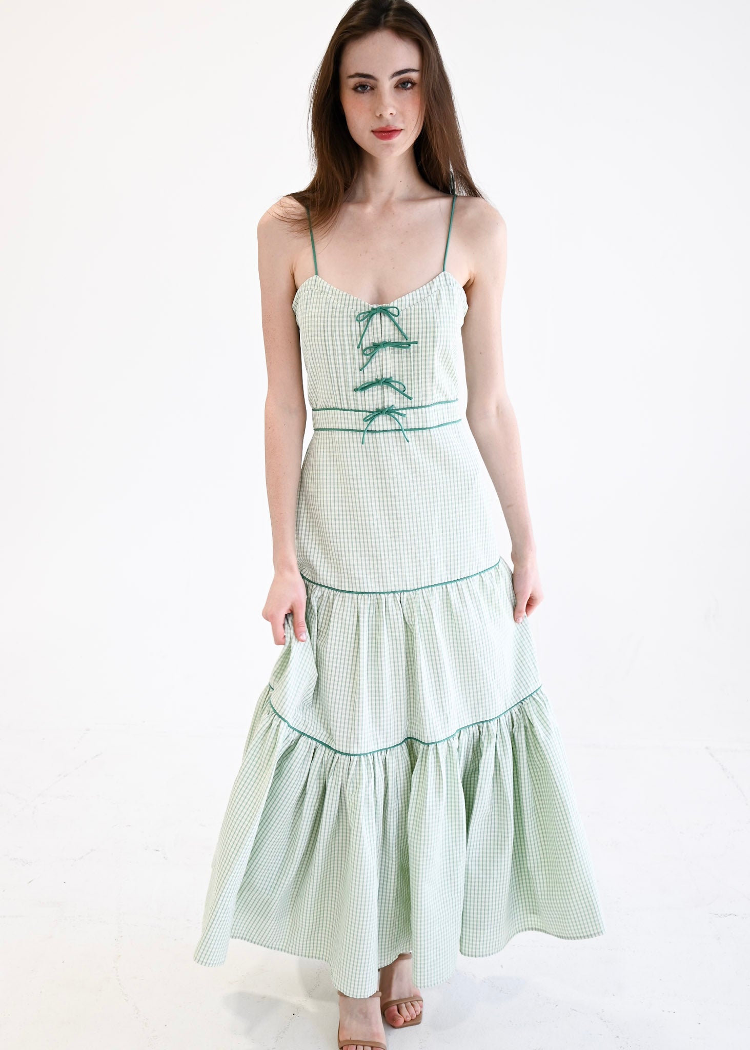 fitted lace wedding dress 1970s Yellow & Green Plaid Maxi Dress, Sz. L main image 0