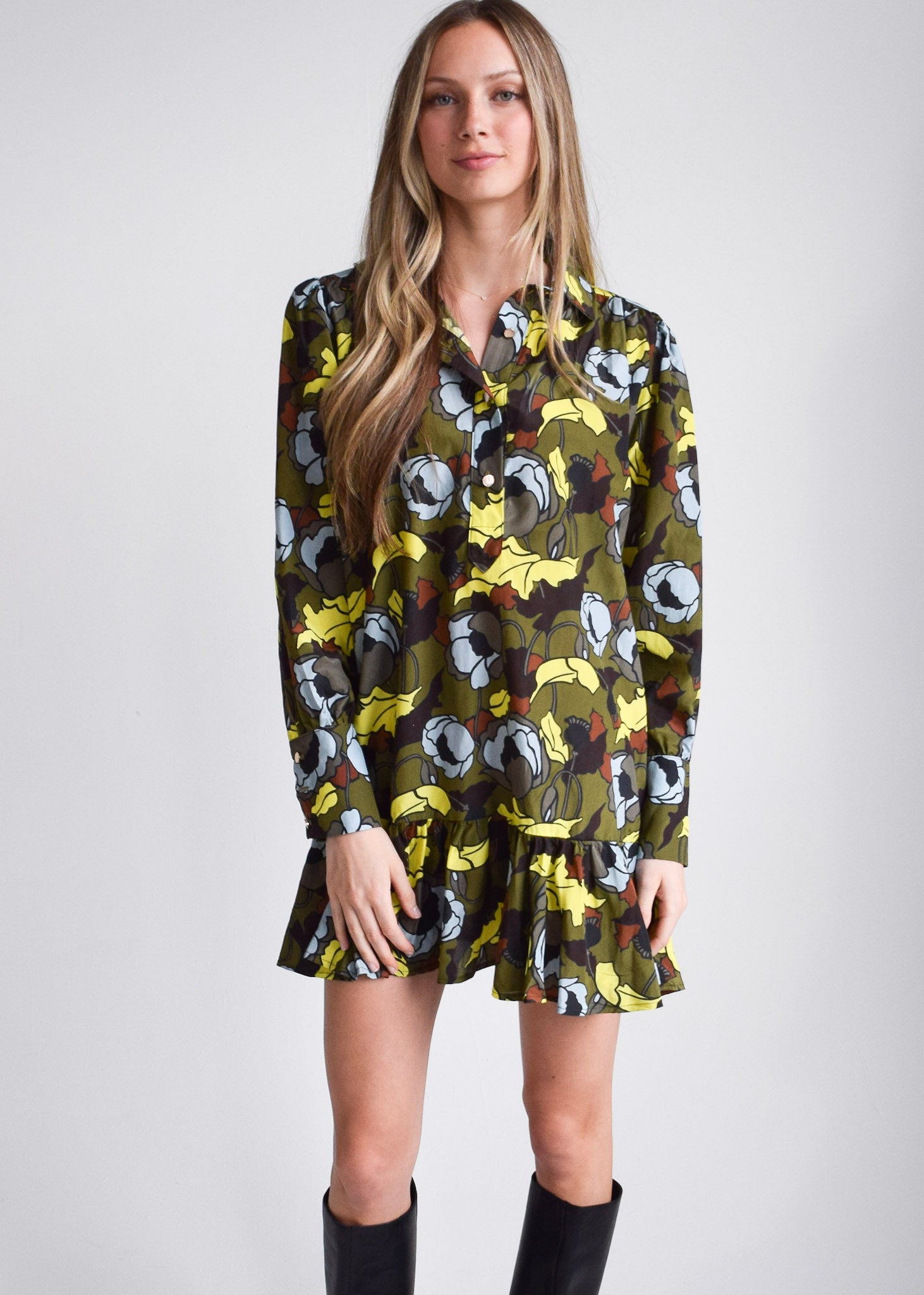 Never A Wallflower | Everything Long Sleeve Dress with Ruffle Olive Floral NeverAWallflower Never A Wallflower | Everything Long Sleeve Dress with Ruffle Olive Floral NeverAWallflower