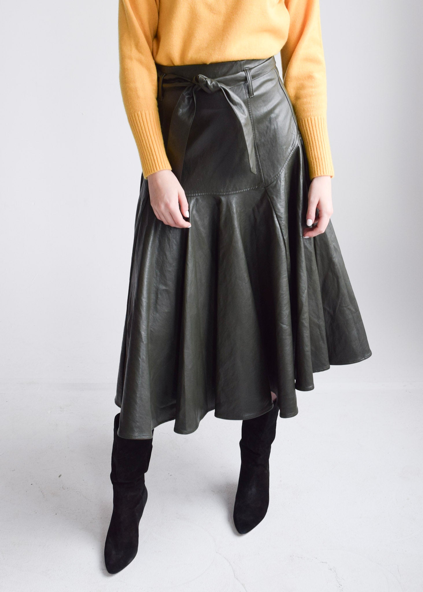 Prairie Midi Skirt Button Belt Olive Faux Leather