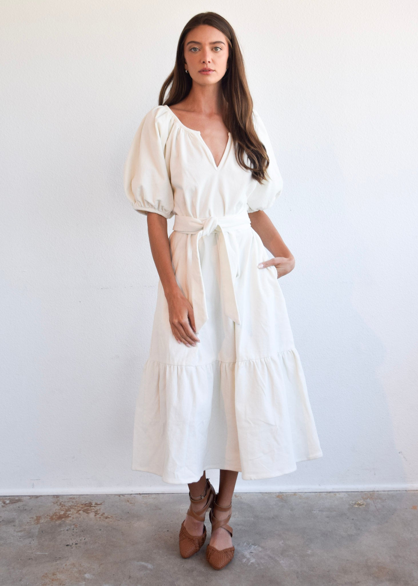 Never A Wallflower | Gathered V-Neck Dress Ivory Corduroy