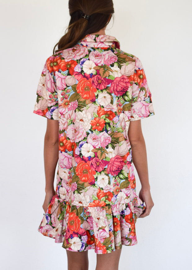 Everything Short Sleeve Dress with Ruffle Floral Twill