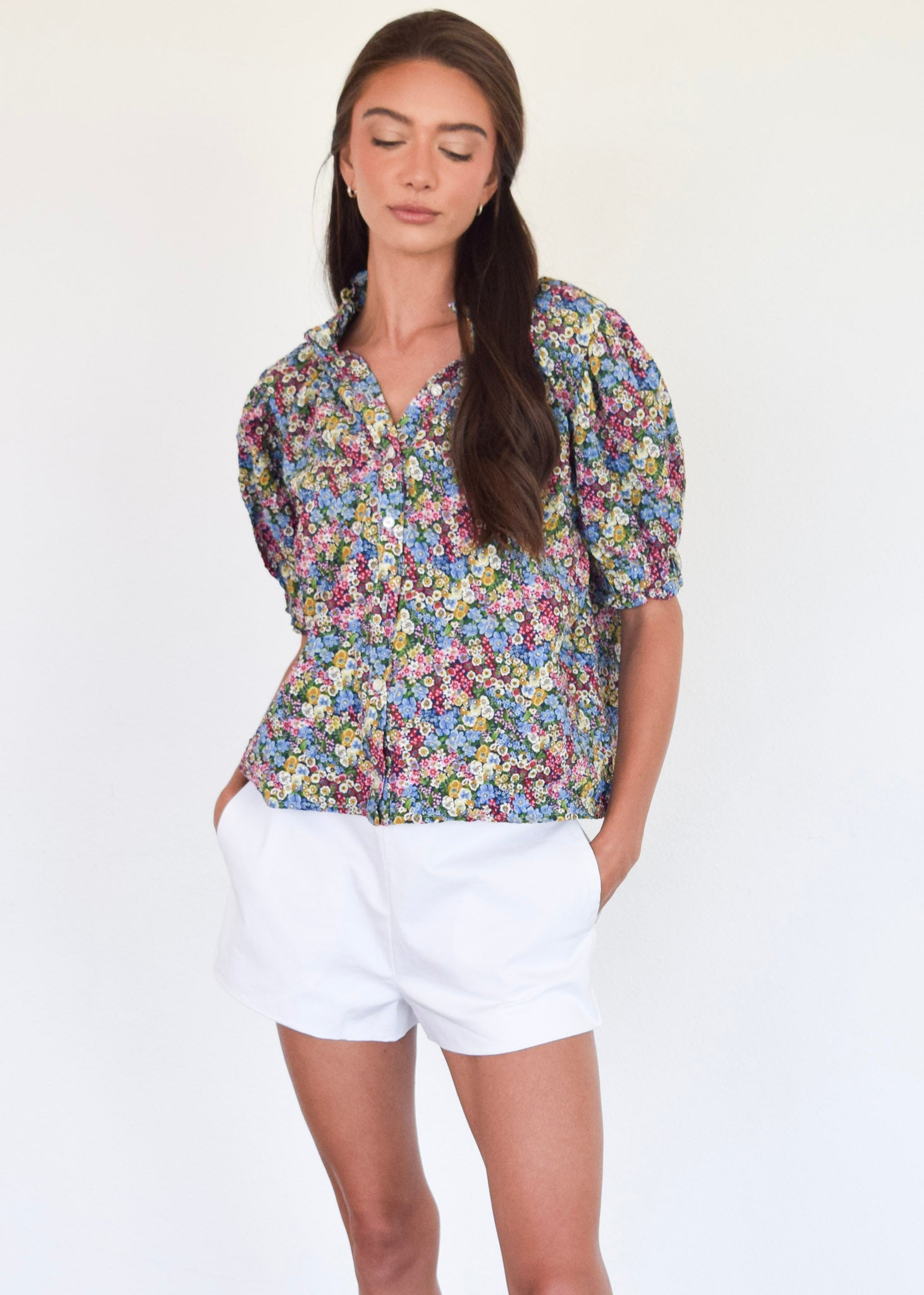 Short Sleeve Elastic Collar Top Mini Floral