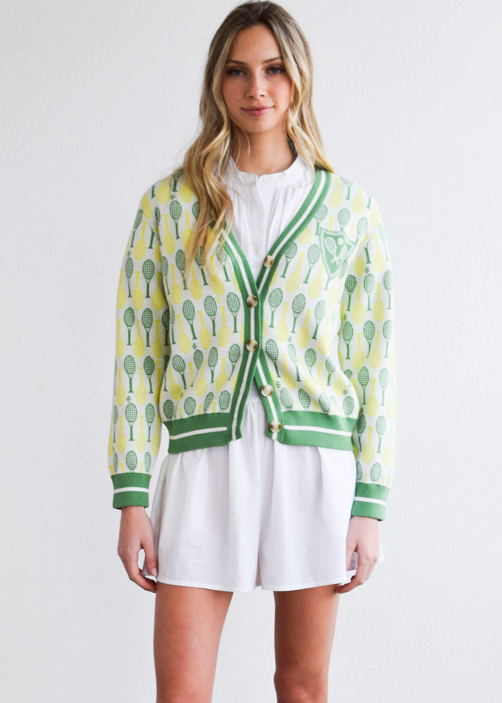 Long Sleeve Cardigan Sweater - Tennis Racquets
