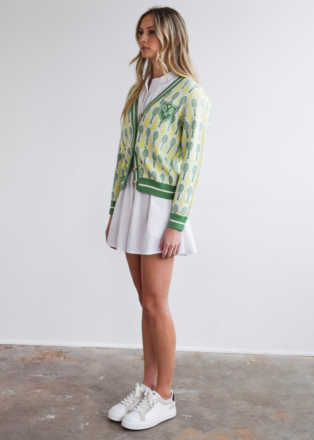 Long Sleeve Cardigan Sweater - Tennis Racquets