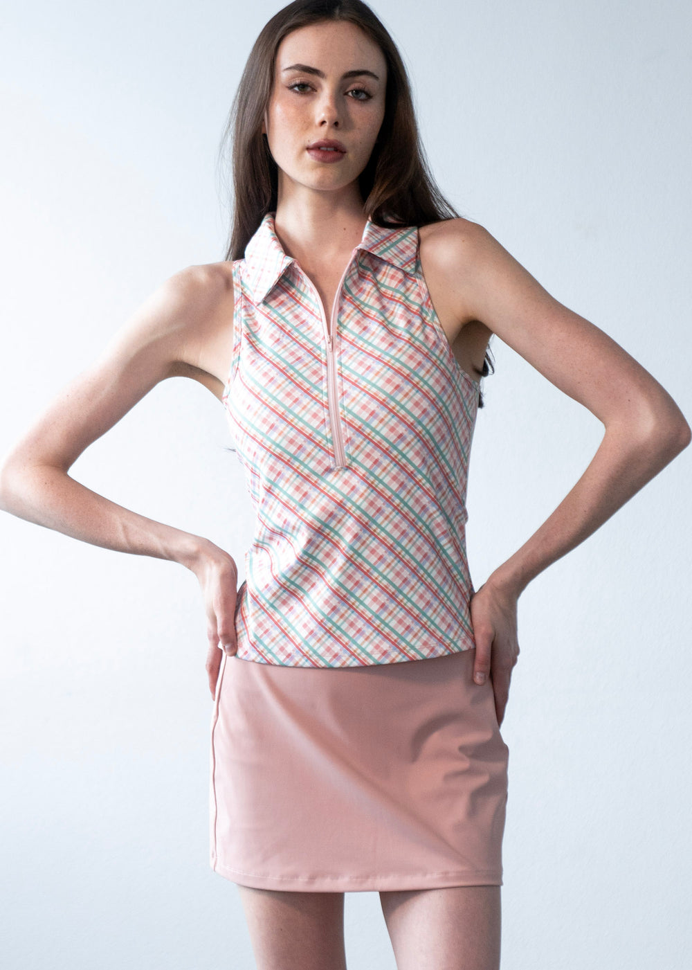 Zip Neck Top Pink Plaid