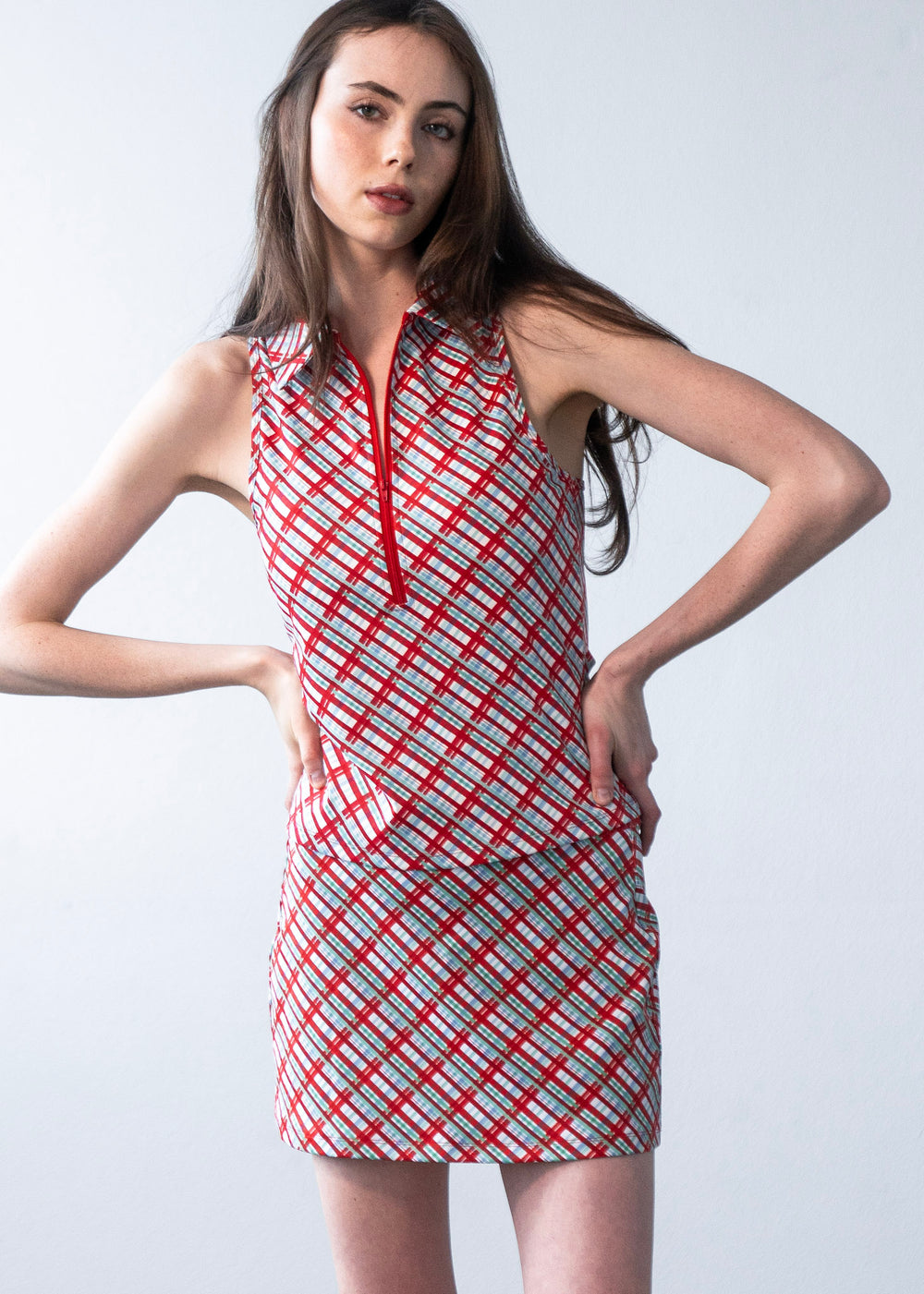 Zip Neck Top Red Plaid