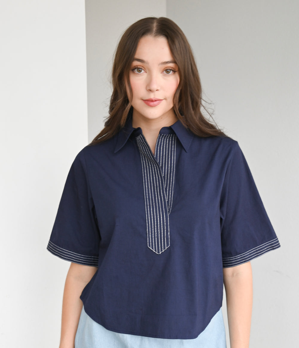 Split Neck Top Navy