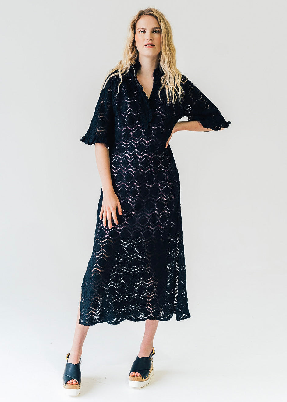Never A Wallflower | Ruffle Collar Maxi Black Crochet