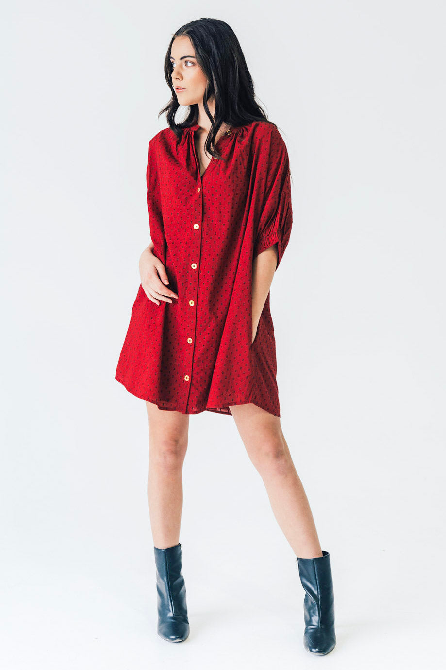 Never A Wallflower | Elastic Sleeve Dress Burgundy Swiss Dot   NeverAWallflower