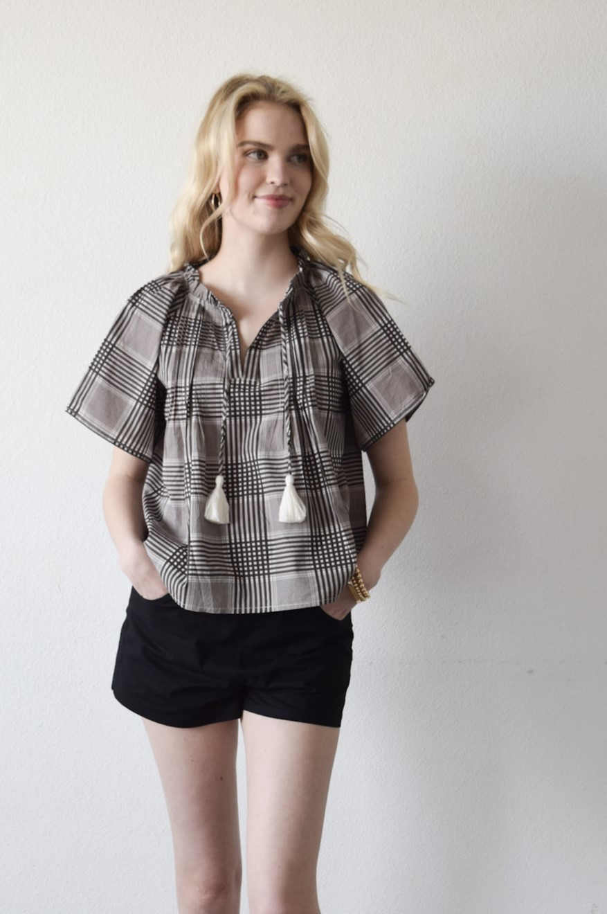 Peasant Top Black Cotton Plaid