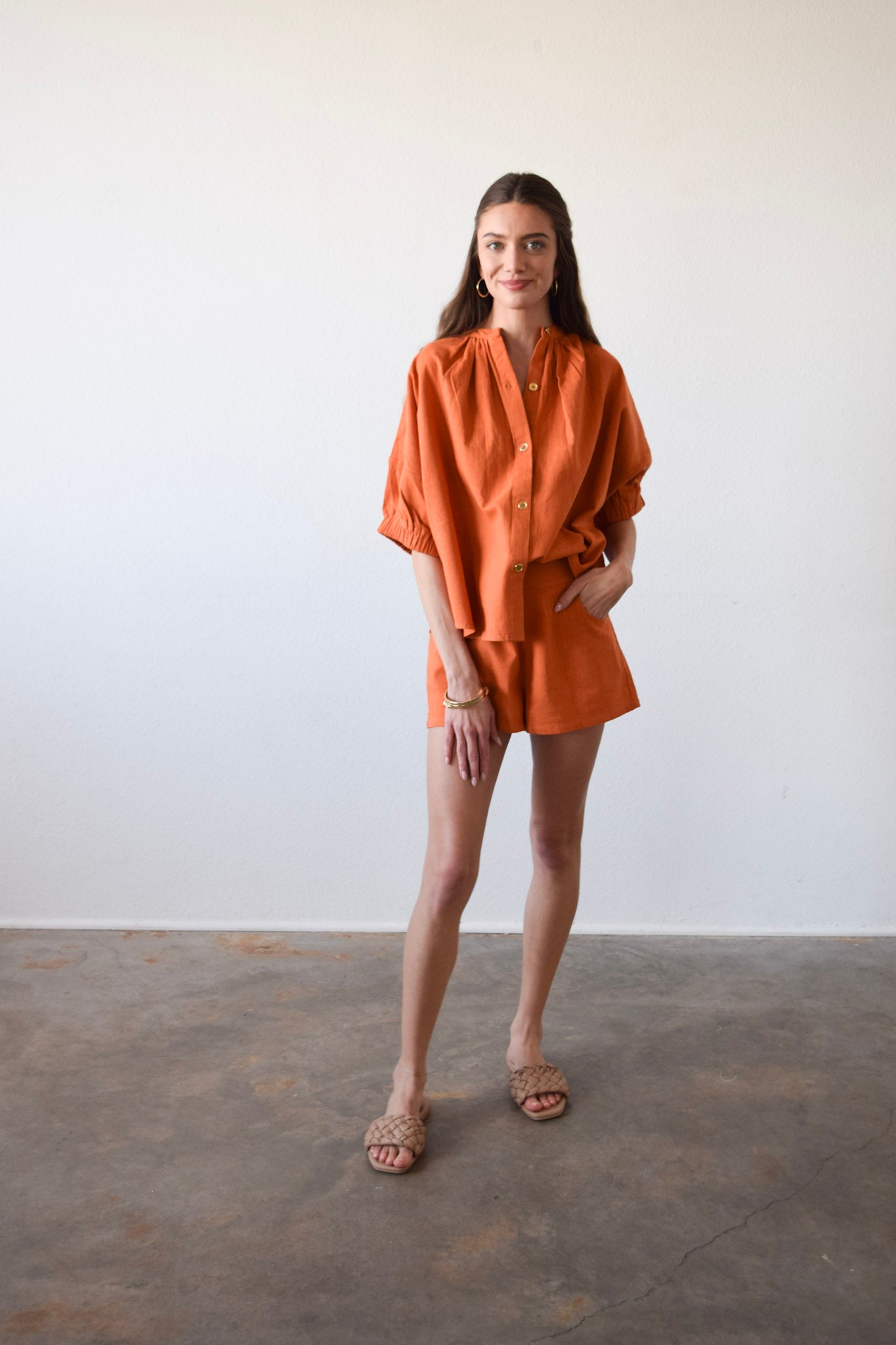 Elastic Sleeve Top Burnt Orange Solid Cotton Cambric