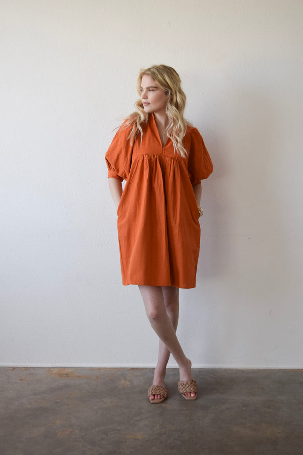 High Neck Dress Burnt Orange Solid Cotton Cambric