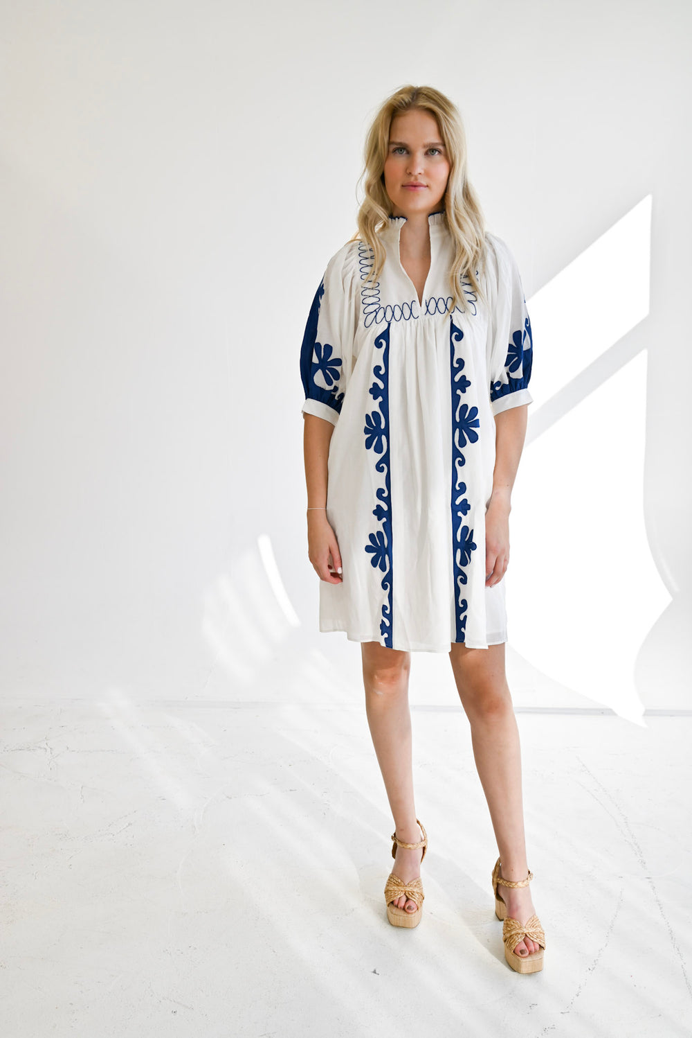 High Neck Dress Embroidery White & Navy