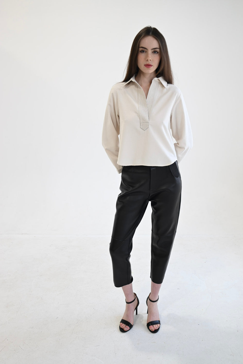 Split Neck Long Sleeve Top Bone Boucle