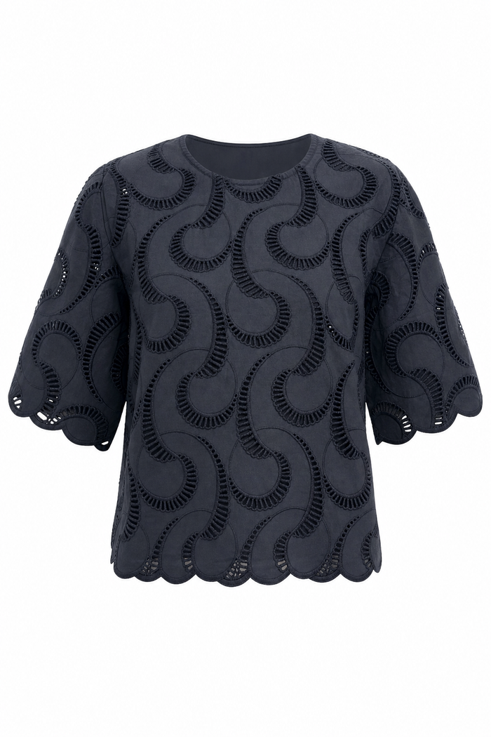 1/2 Sleeve Crop Embroidered Black Paisley