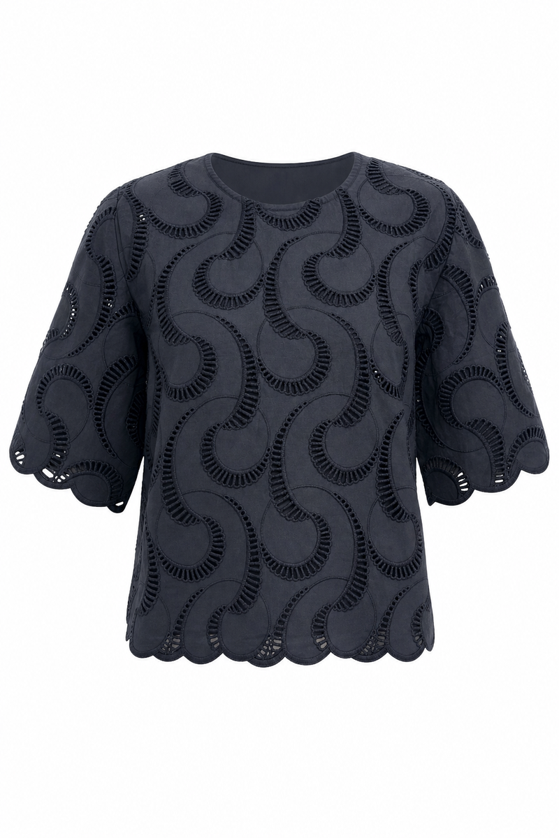 1/2 Sleeve Crop Embroidered Black Paisley