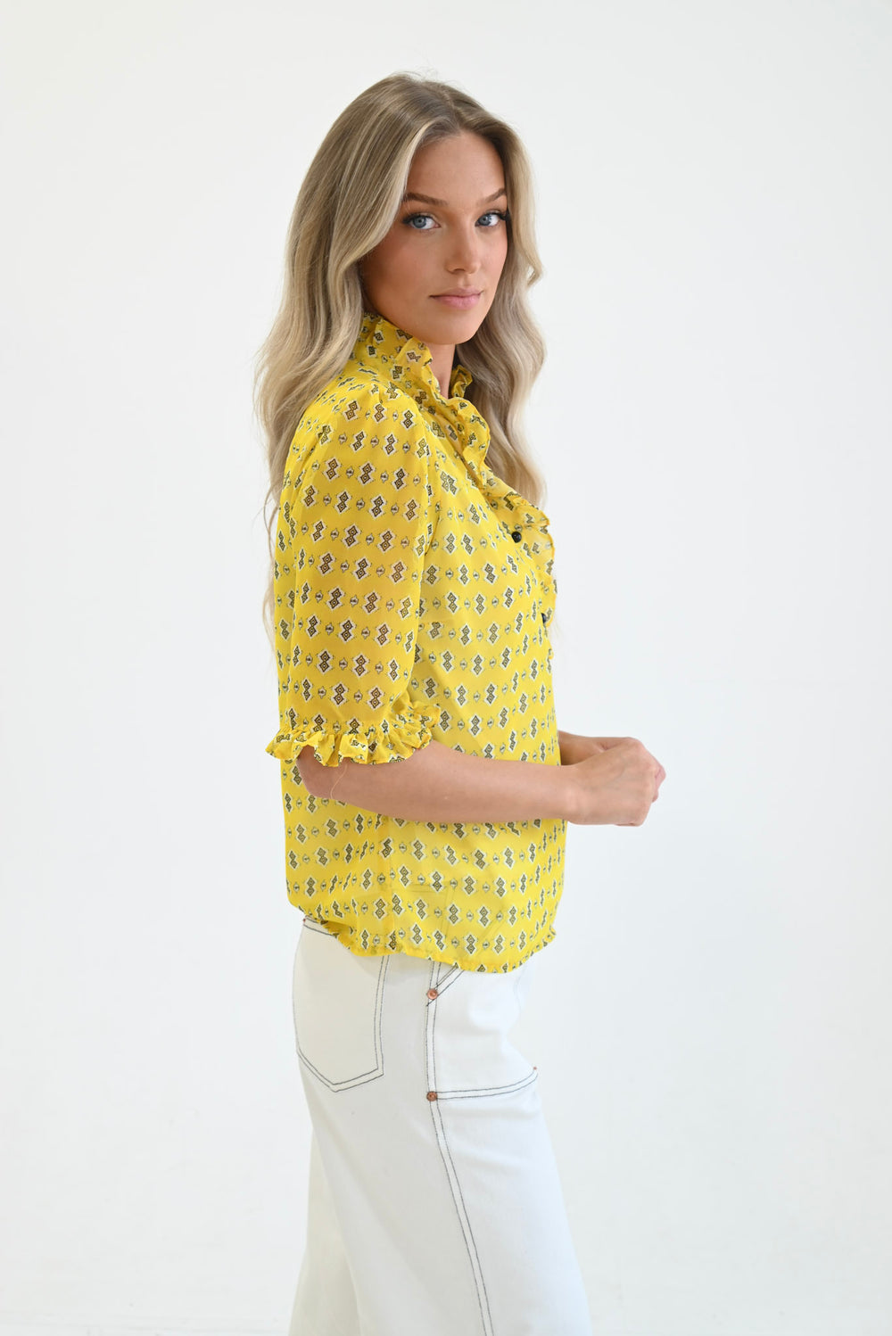 Ruffle Collar Top Yellow Diamond