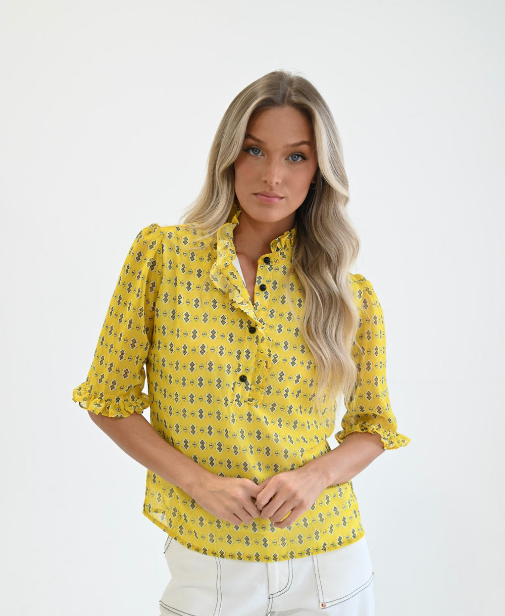 Ruffle Collar Top Yellow Diamond