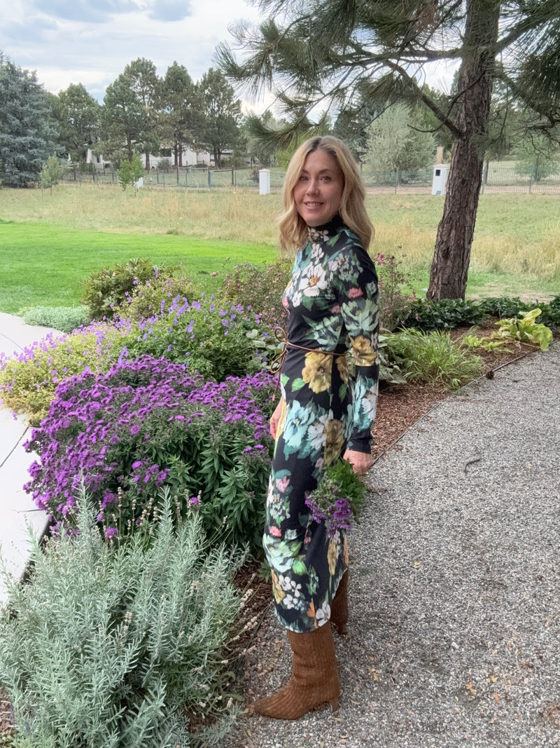 Knit Turtleneck Dress Green Floral
