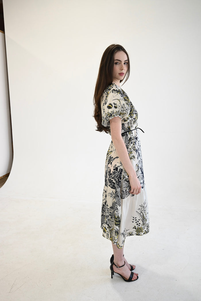 Gathered Neck Dress Floral Panel