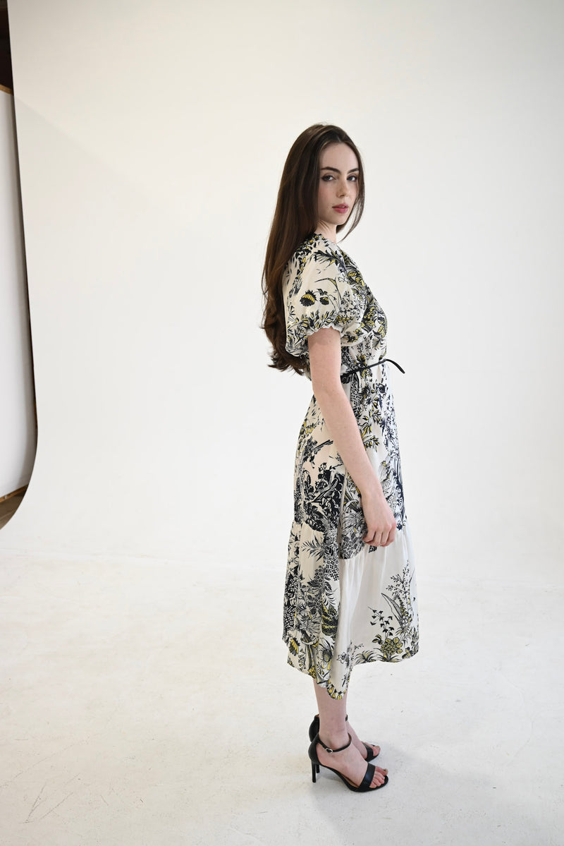 Gathered Neck Dress Floral Panel