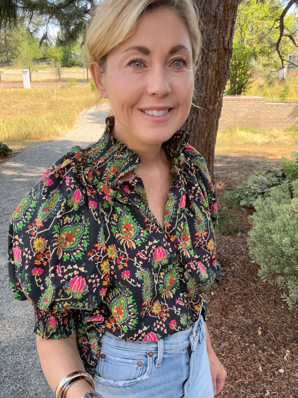 Gathered Neck Button Down Top Black Paisley