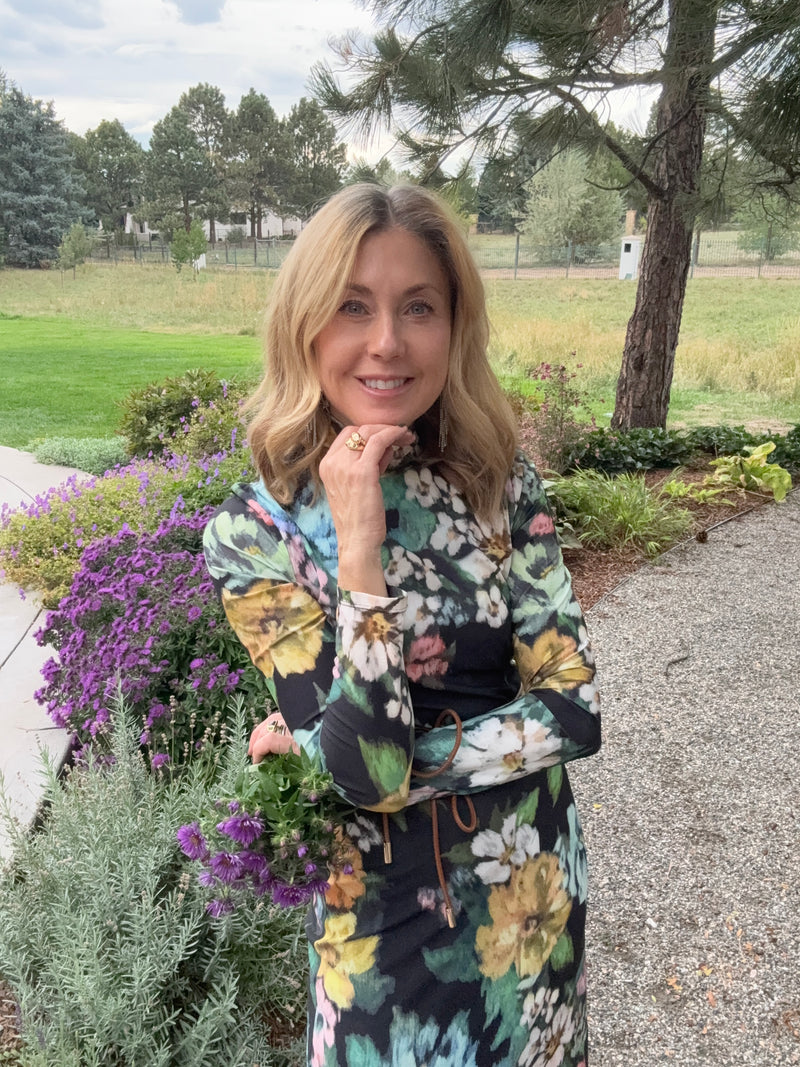 Knit Turtleneck Dress Green Floral