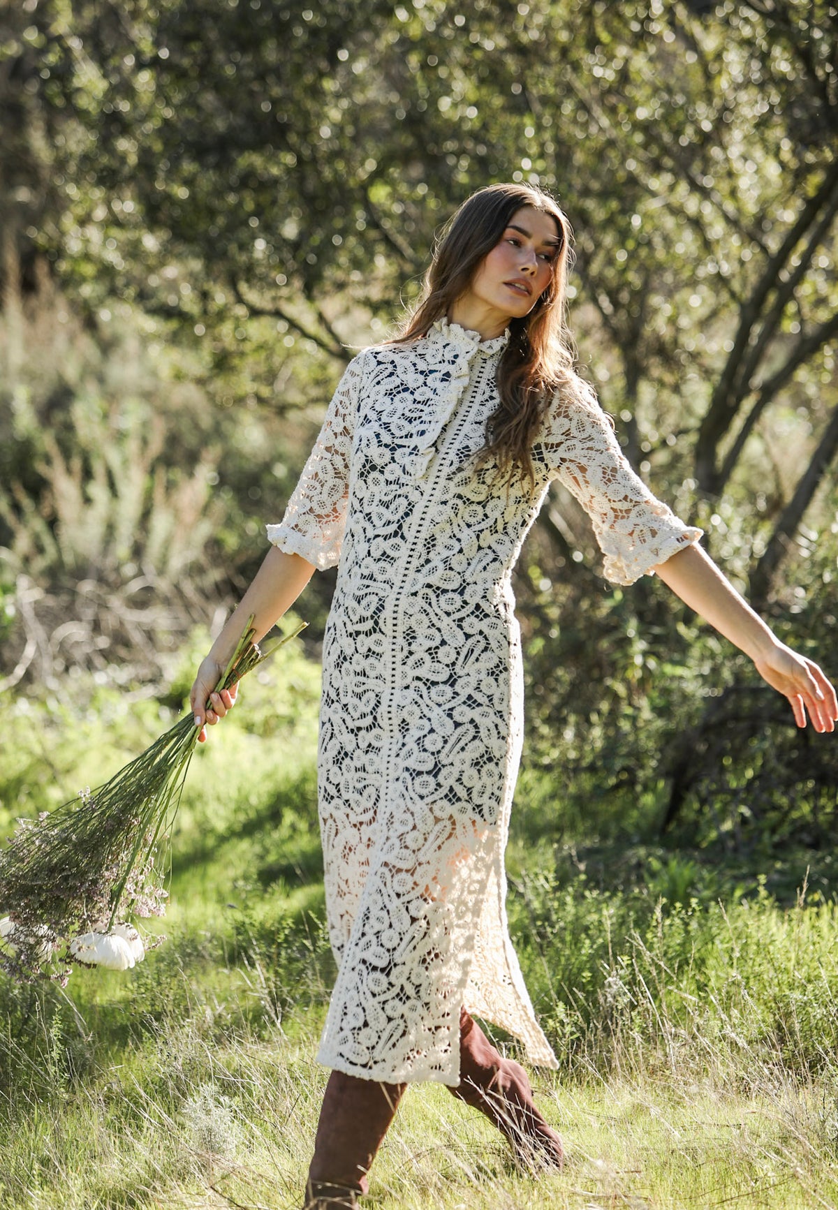 Ruffle Collar Maxi Dress Ecru Lace