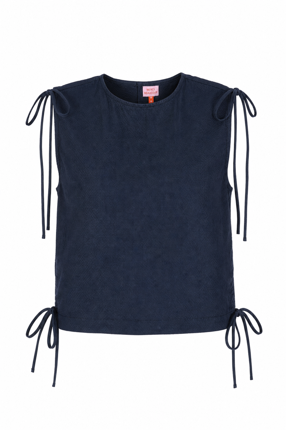 Cinch Waist Top Navy Seersucker