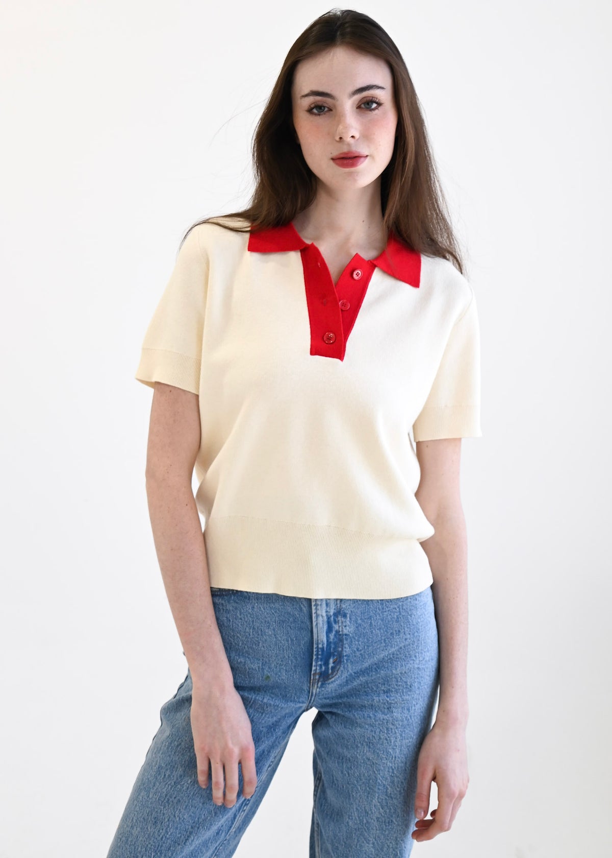 Henley Sweater White & Red