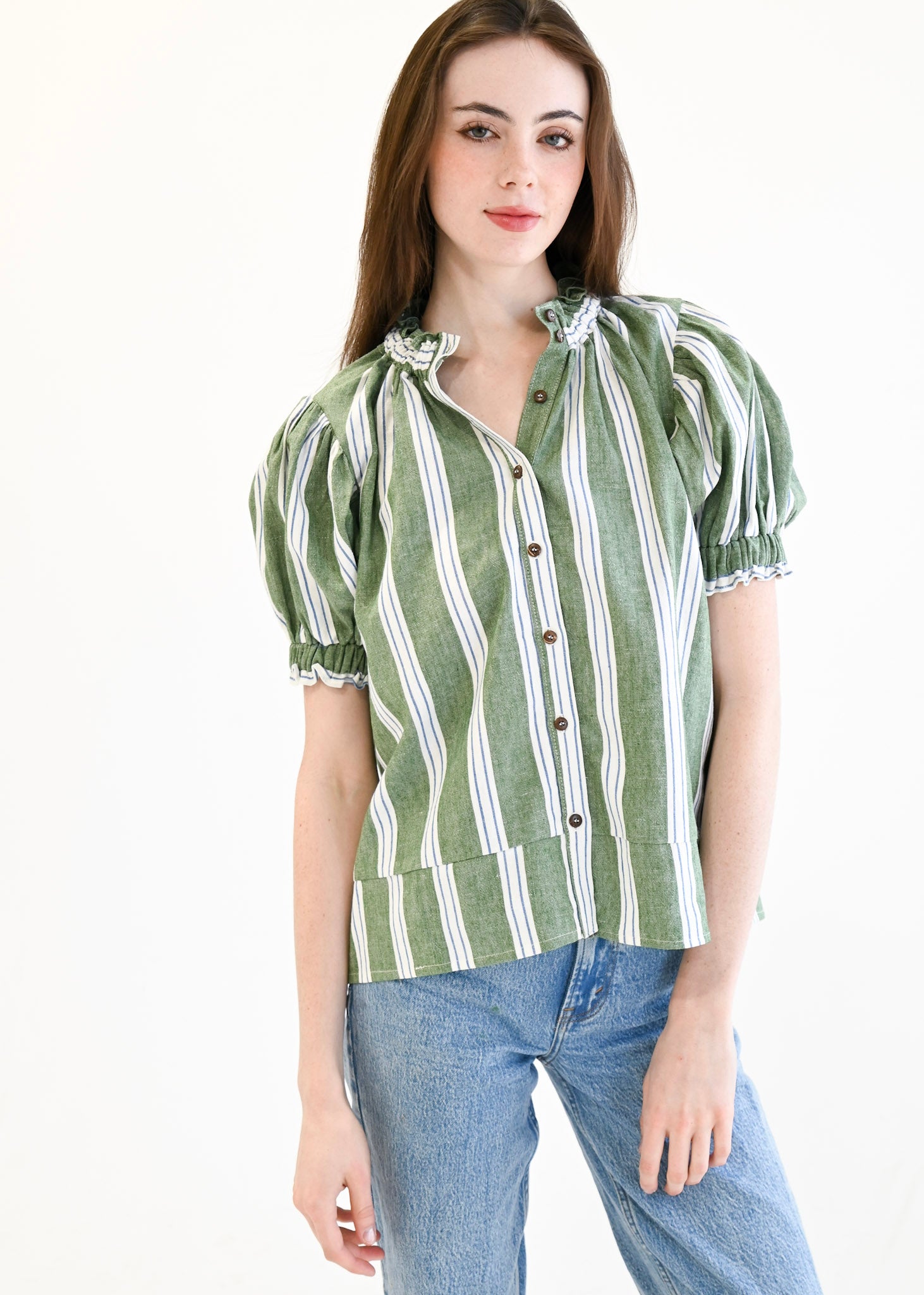 Elastic Collar Short Sleeve Top Green Stripe