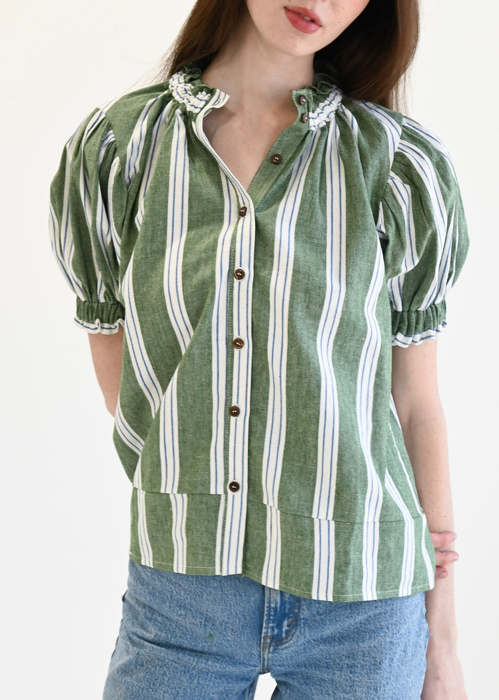 Elastic Collar Short Sleeve Top Green Stripe