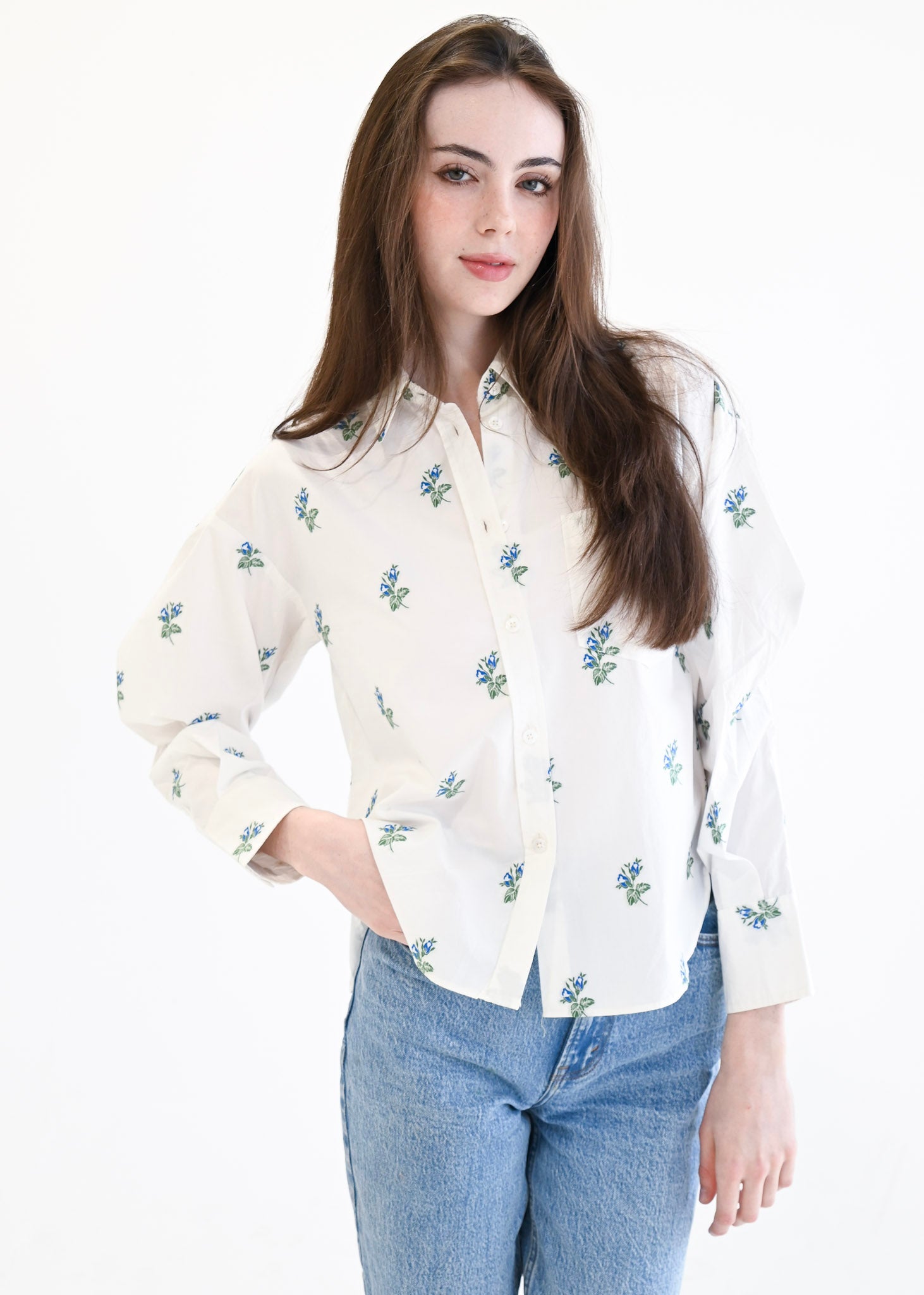 Oversized Top Blue Green Floral Jacquard