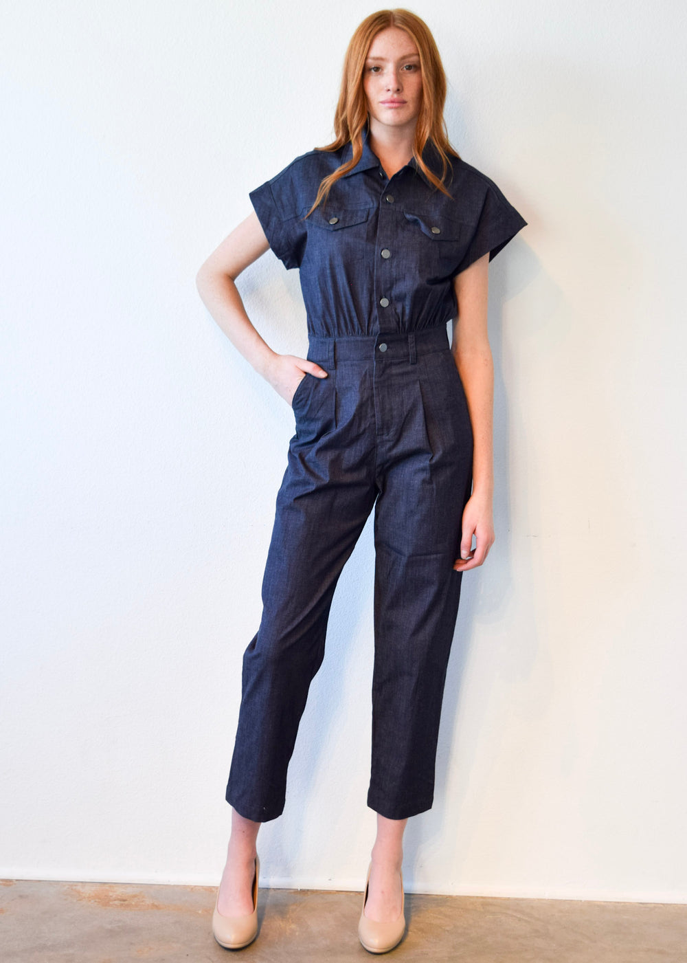 Dark blue denim jumpsuit on sale