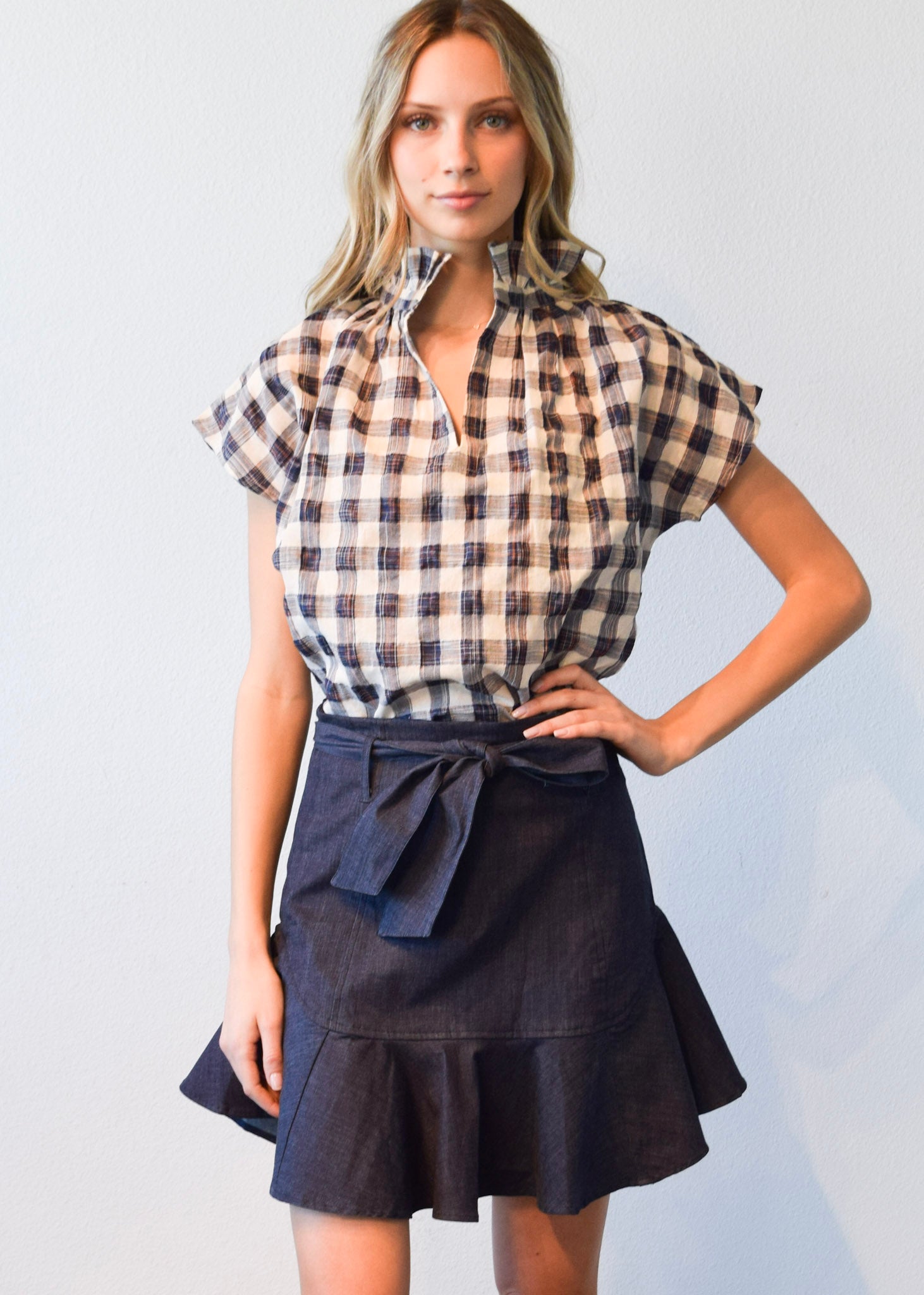 Vicki Short Sleeve Top Navy Plaid