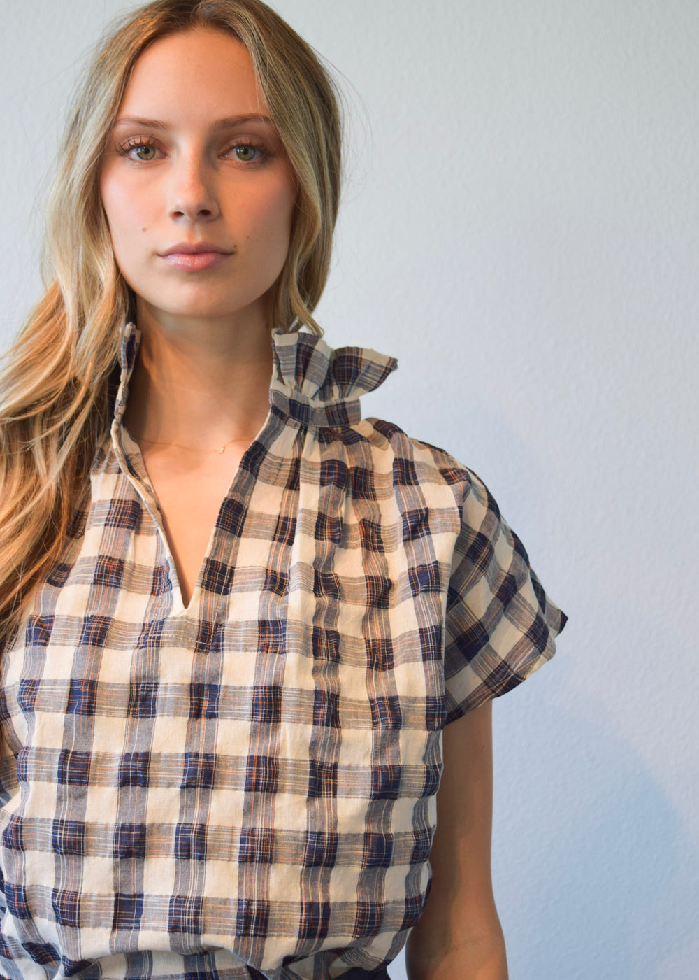 Vicki Short Sleeve Top Navy Plaid