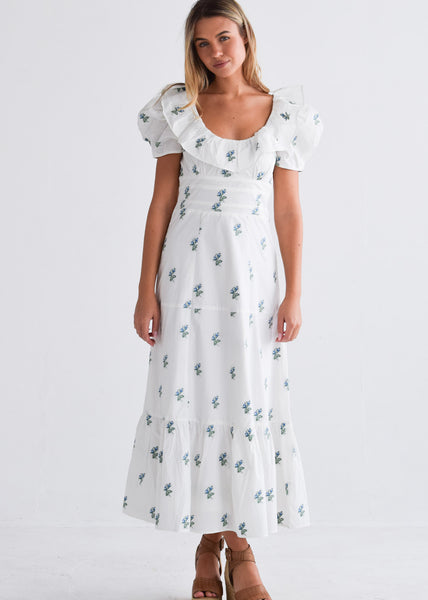 Never A Wallflower | Chloe Maxi Dress Blue Green Floral Jacquard