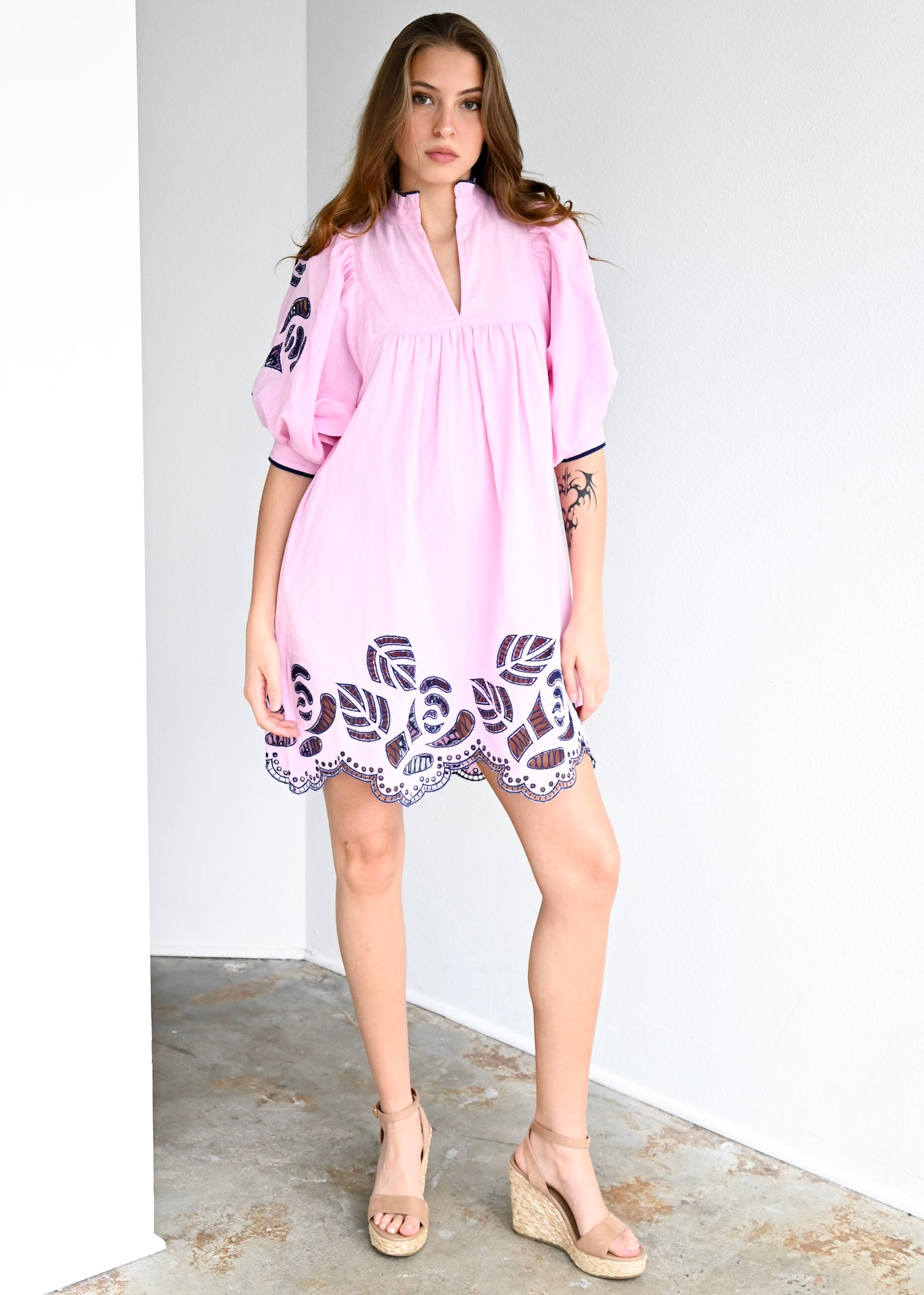 High Neck Dress Prism Pink Embroidery