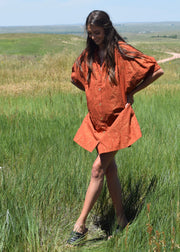 Elastic Sleeve Dress Rust Pin Stripe