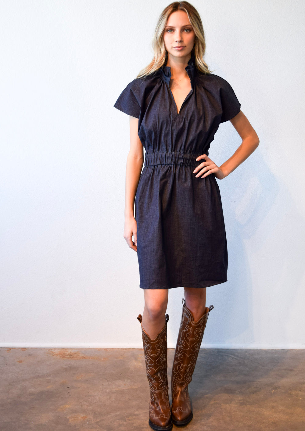 Vicki Elastic Waist Dress Dark Blue Denim