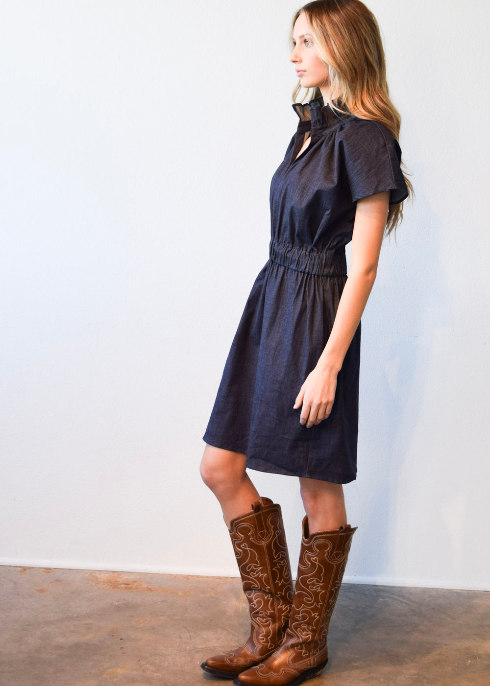 Vicki Elastic Waist Dress Dark Blue Denim