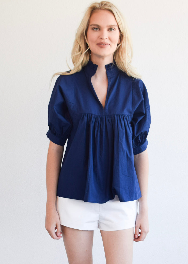High Neck Top Blue print Poplin