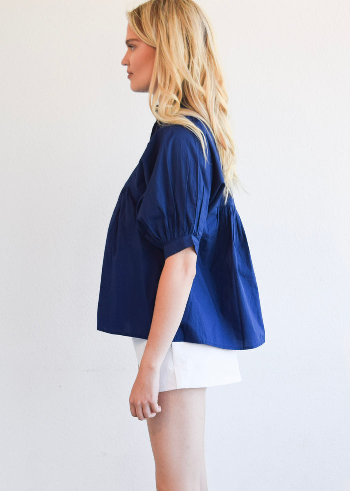 High Neck Top Blue print Poplin