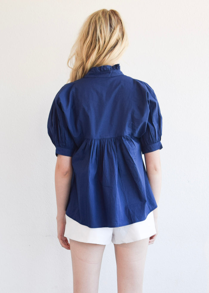 High Neck Top Blue print Poplin