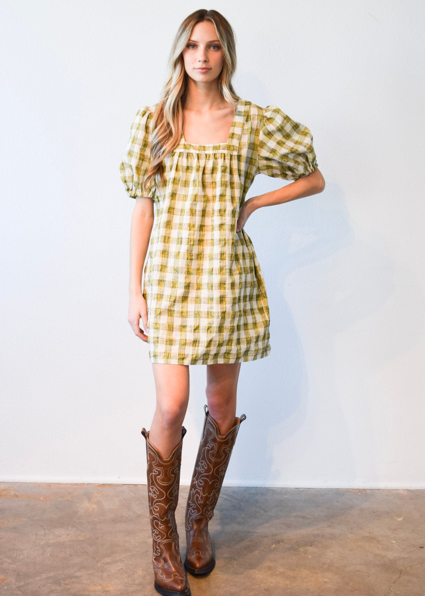 Square Neck Short Dress Yellow Plaid