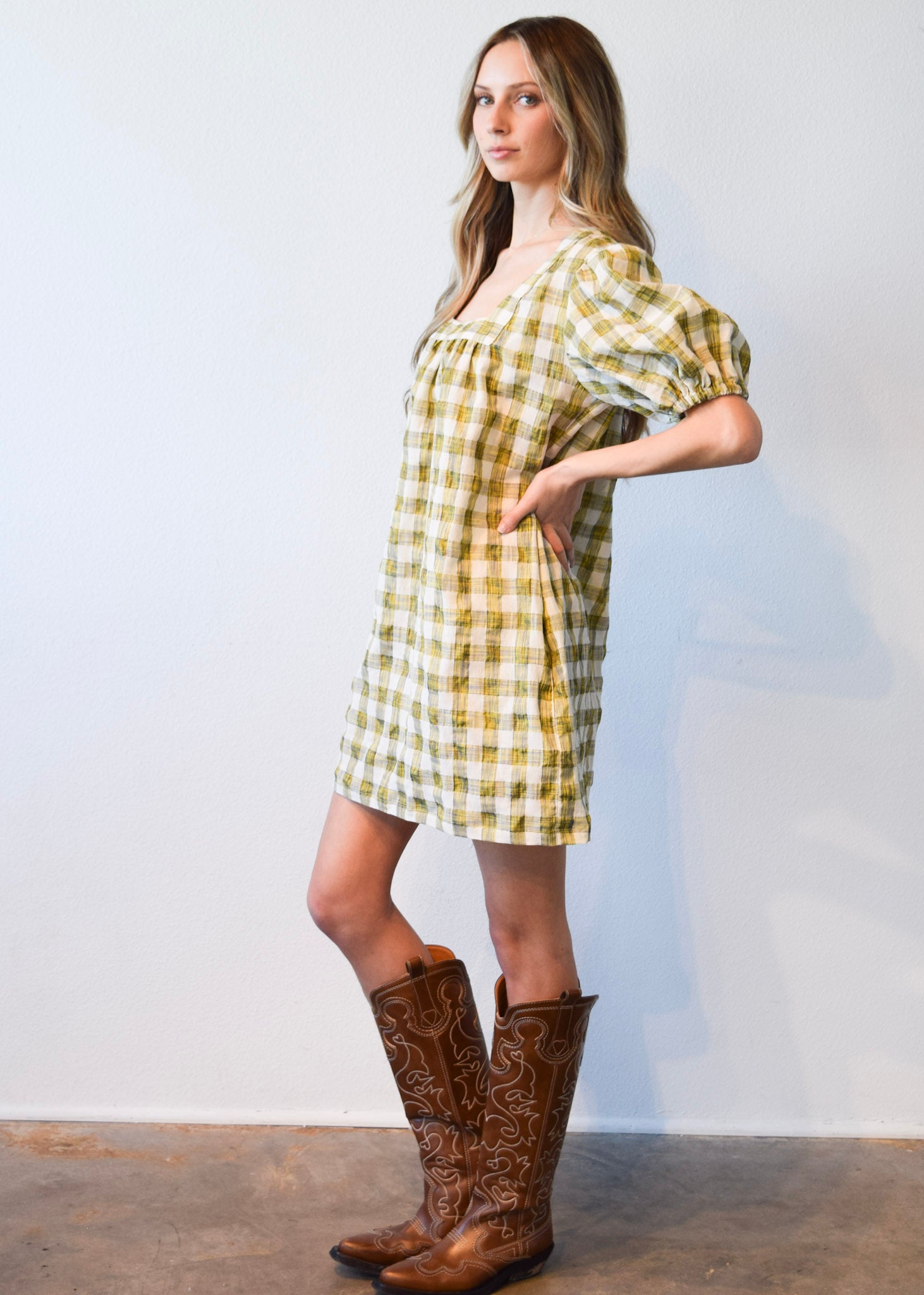 Never A Wallflower | Square Neck Short Dress Yellow Plaid