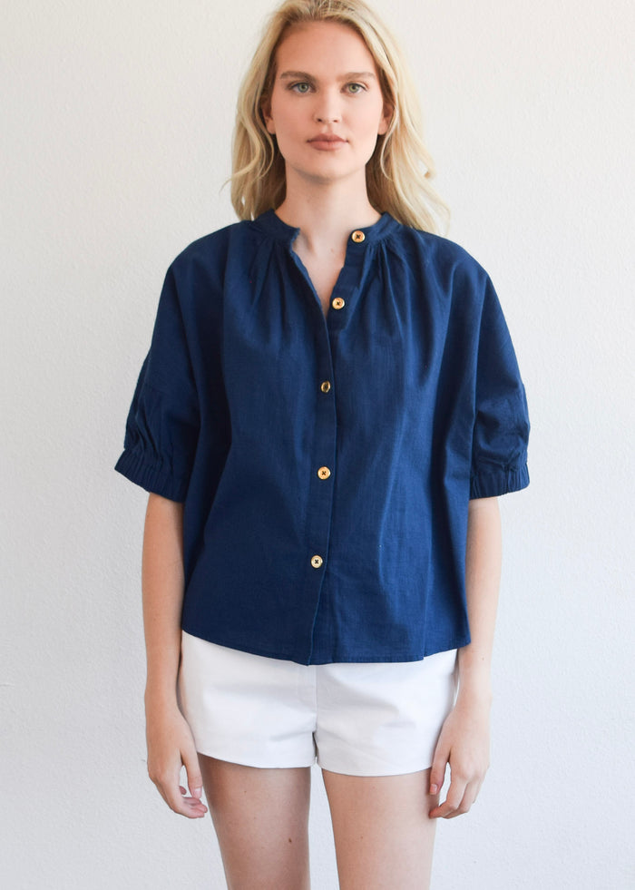 Elastic Sleeve Top Navy Woven
