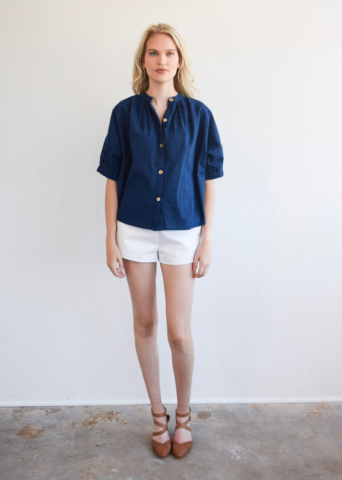 Elastic Sleeve Top Navy Woven